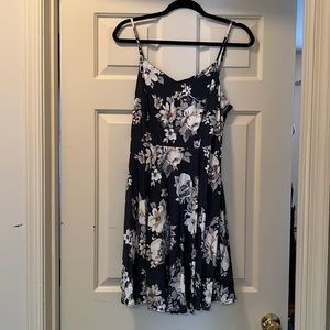 A-line dress, blue-gray and floral print
